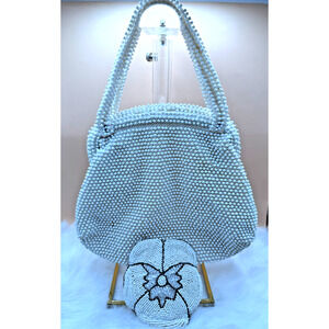 Vintage Corde Bead Ivory Purse & Vintage Beaded Ivory Flower Pouch/Compact